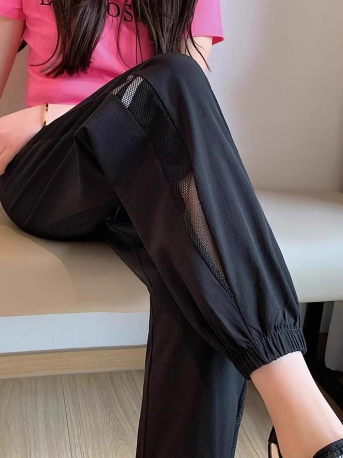 Qui Dry Thin Sport Pants Mulheres Verão Solto Casual Me Anti-Mosquito Amarrado Pé Calças de Seda Gelo Cintura Alta Nove Pontos Haraj...