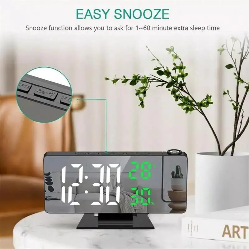 180° Arm Projection Digital Alarm Clock Temperature Humidity Night Mode Snooze 12/24H USB Powered Projector Table LED Clock