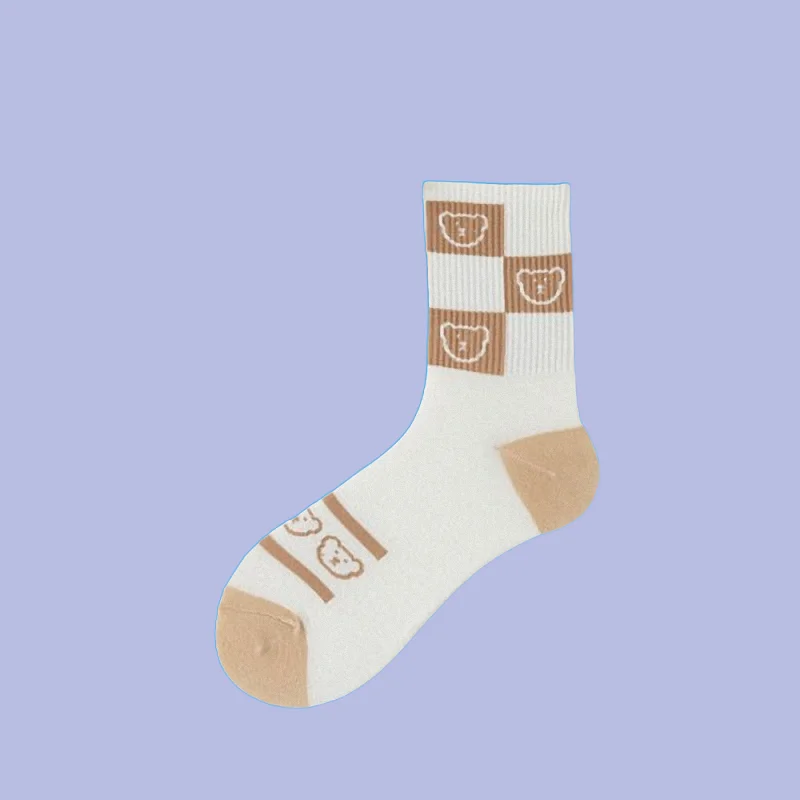 5/10 Pairs Women's Middle-Tube Casual Socks Trendy Beige Women's Socks Cute Cotton Socks Cartoon Breathable Bear Socks