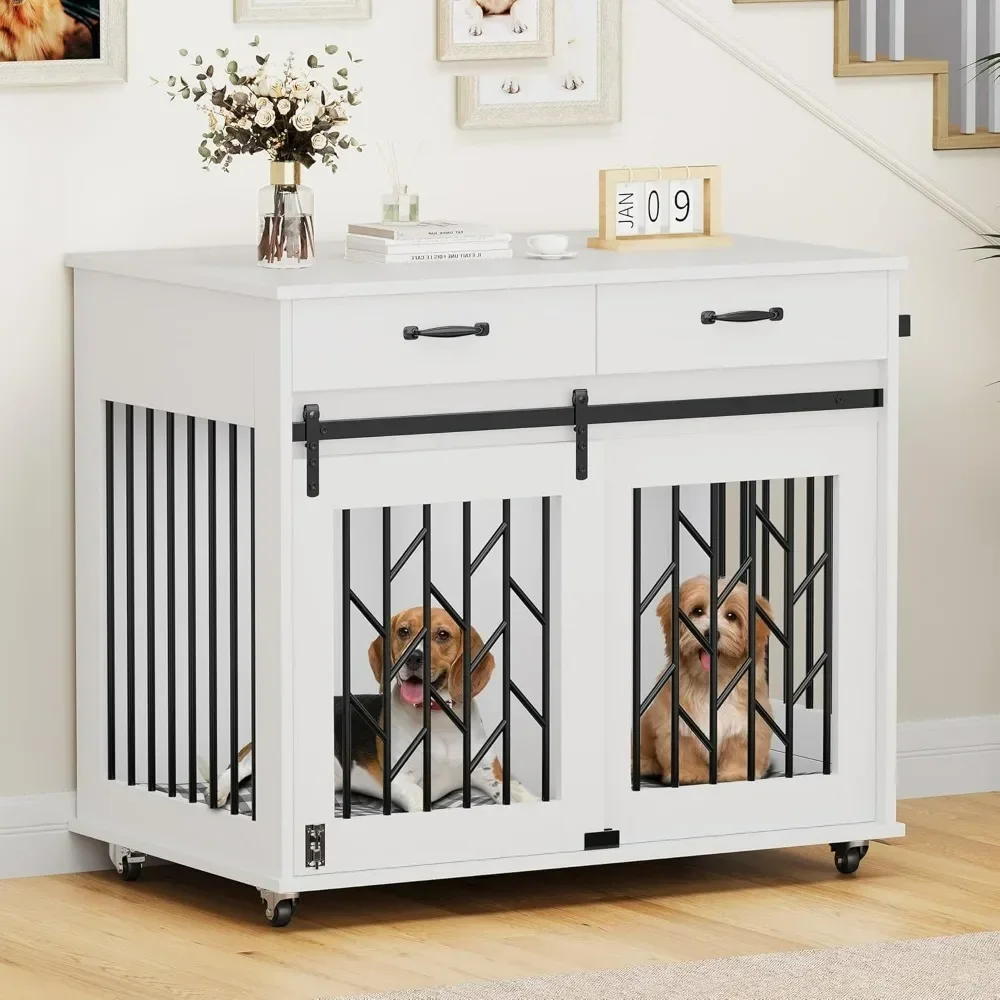 

Dog Kennel, Double Pet Crate with Storage Drawers and Indoor Wooden Dog House Heavy Duty for 2 Small Medium Dogs, Dog Crate