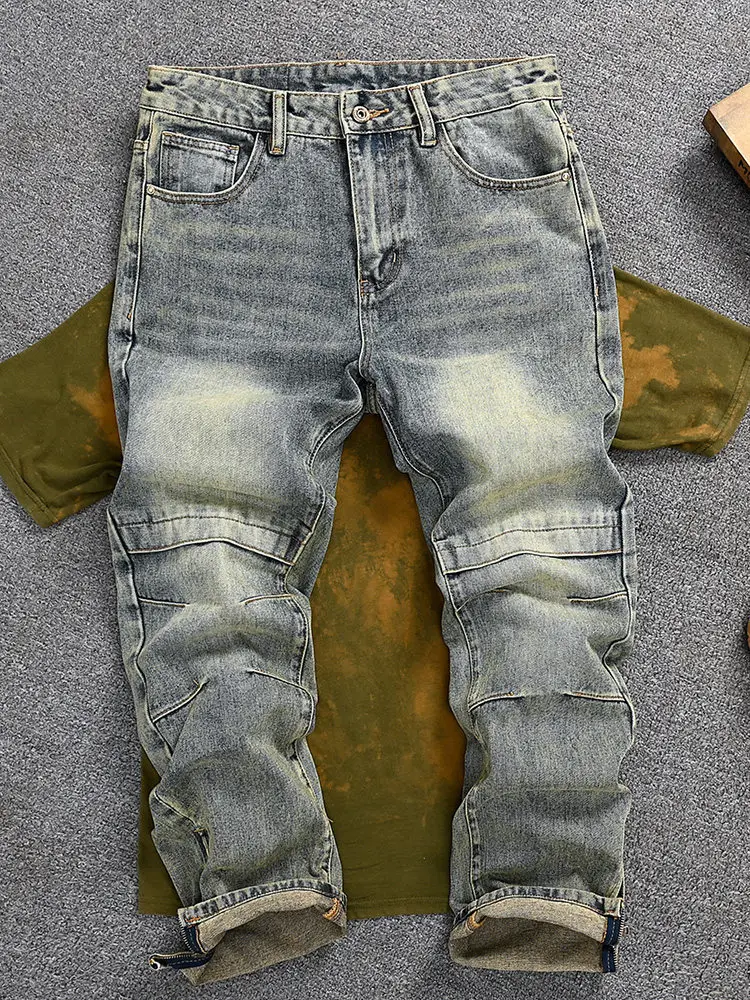 Di Sai QuadraticAmerican Style Youth Fashion Jeans Men Washed Distressed Loose Straight Casual All-match Denim Trousers