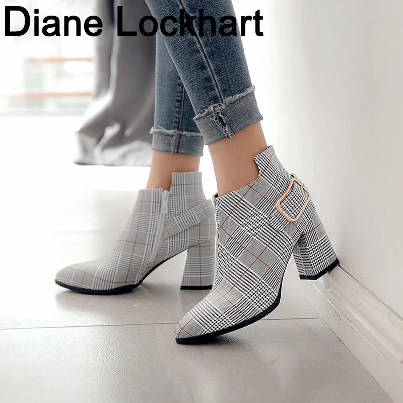 

Women Ankle Boots Fashion Plaid Pointed Toe High Heels Women's Shoes Sexy Autumn Winter Ankle Booties female Large Size 42 43 44