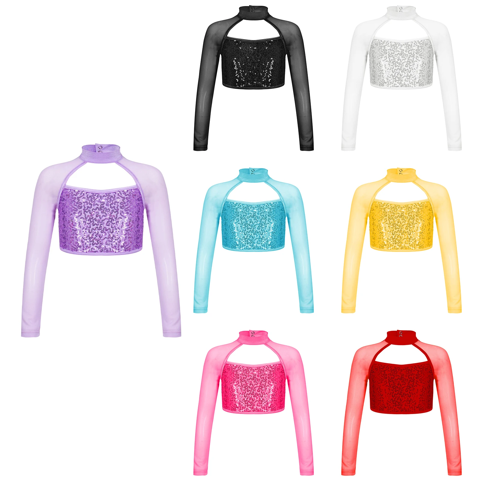 Girls Jazz Dance Clothes Shiny Sequins Long Sleeve Round Collar Dance Crop Tops for Kids Hip Hop Ballet Dancewear Performance