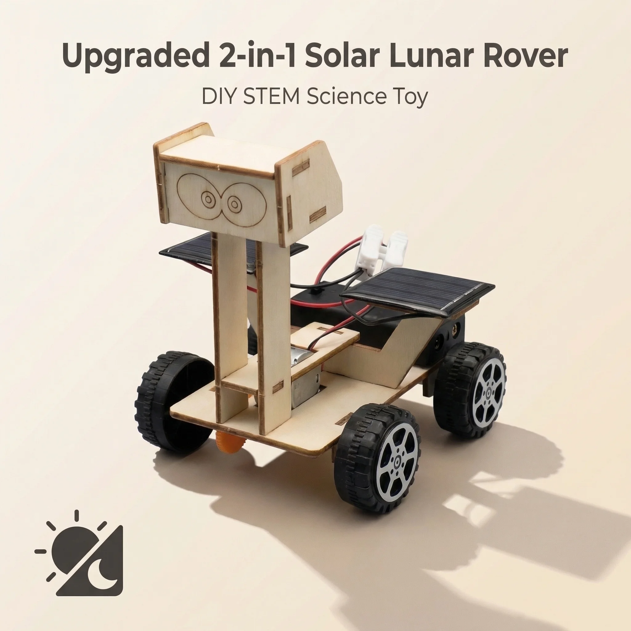 Upgraded 2-in-1 STEM Solar Lunar Rover DIY Kit: Wooden 3D Puzzle Science Education Toy, Solar & Battery Powered Building Model