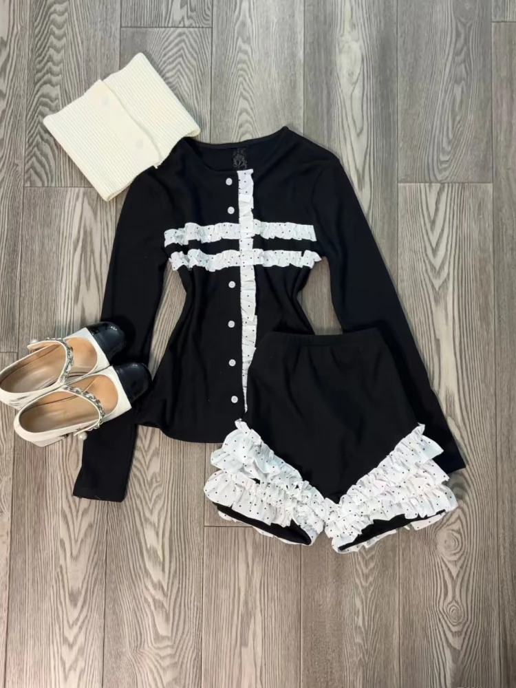 

Весенний готический винтажный комплект из двух предметов в стиле Y2K для женщин: черный, облегающий, с элементами пэчворка, в стиле Хепберн, для создания образа «Hot Girl», 2026