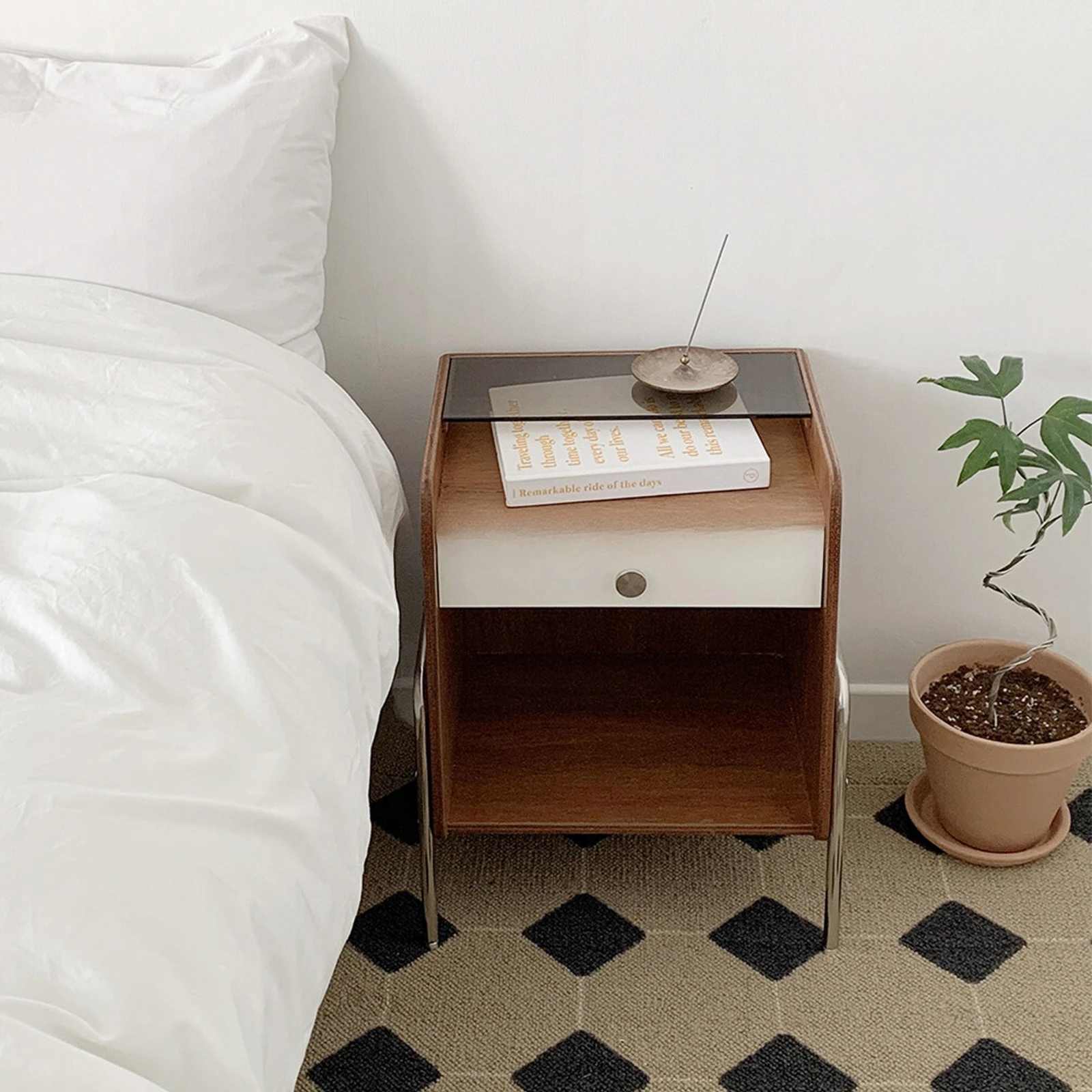 Simple wooden bedside table, retro wall sofa, small side cabinet, storage cabinet, small side table