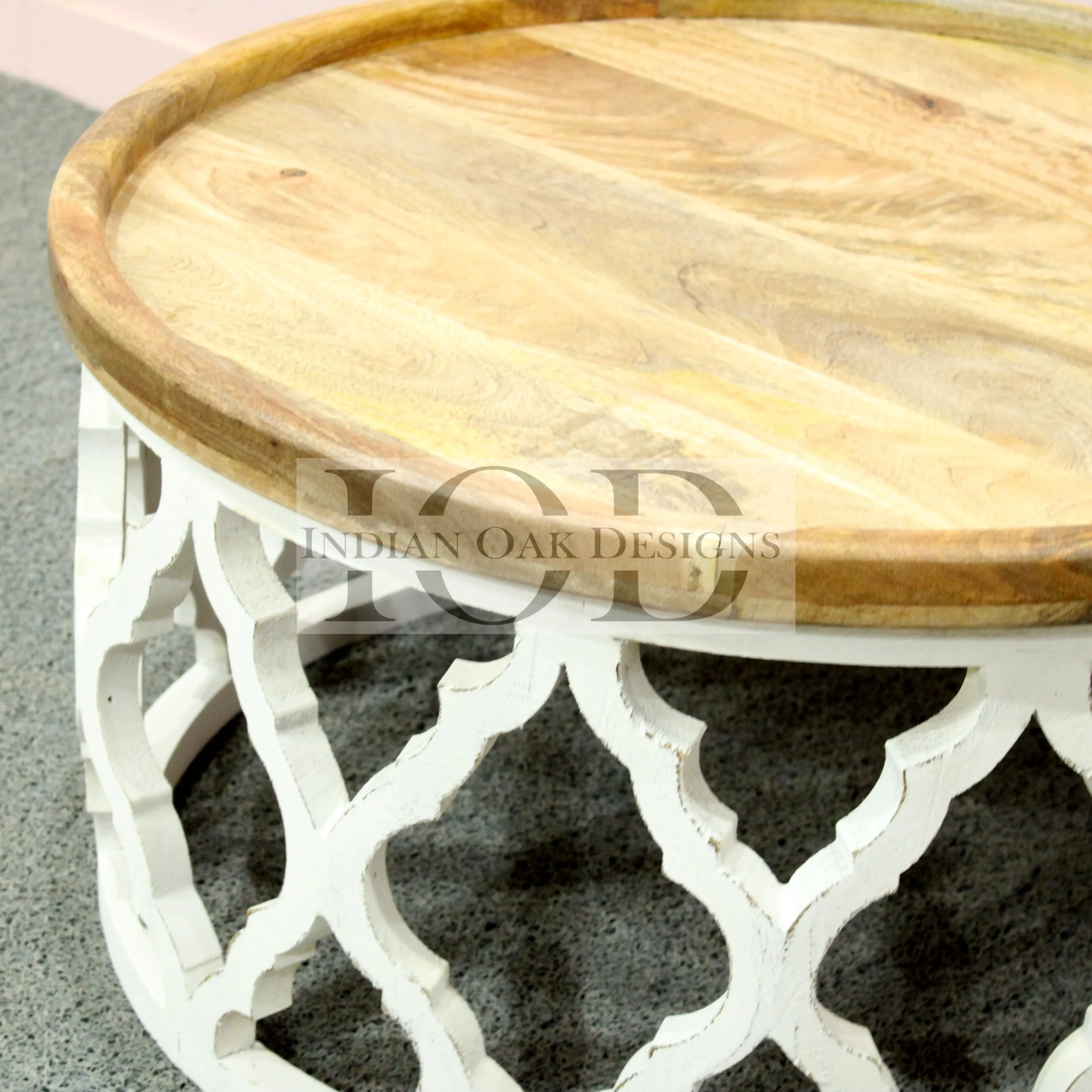 Carved Round Turkish Style Indian Wooden Coffee Table Center Table Solid Mango Wood Furniture for Living Room