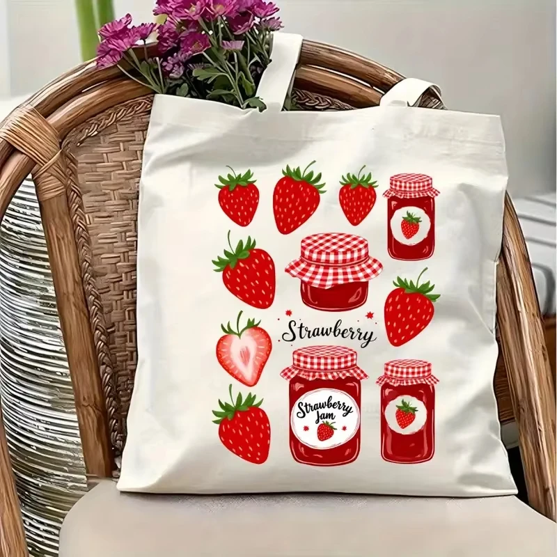 

Strawberry Jam Print Canvas Tote Bag - Reusable Shopping Bag with Cute Strawberry and Jam Jar Design Shoulder Handbag