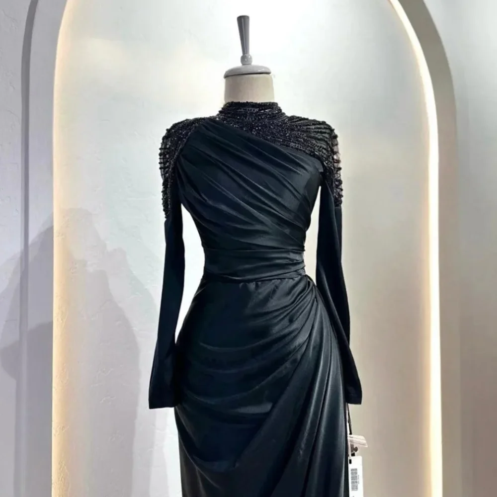 Customized Exquisite High Collar Sheath Evening Dresses Beading Fold s Vertically Hugging Floor length Prom فساتين سهره فاخره