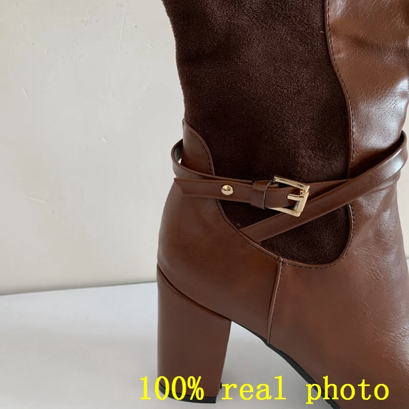 REAVE CAT Women knee-high boots Stretch Round toe Fashion botas Quality footwear shoes Thick Heel  A956