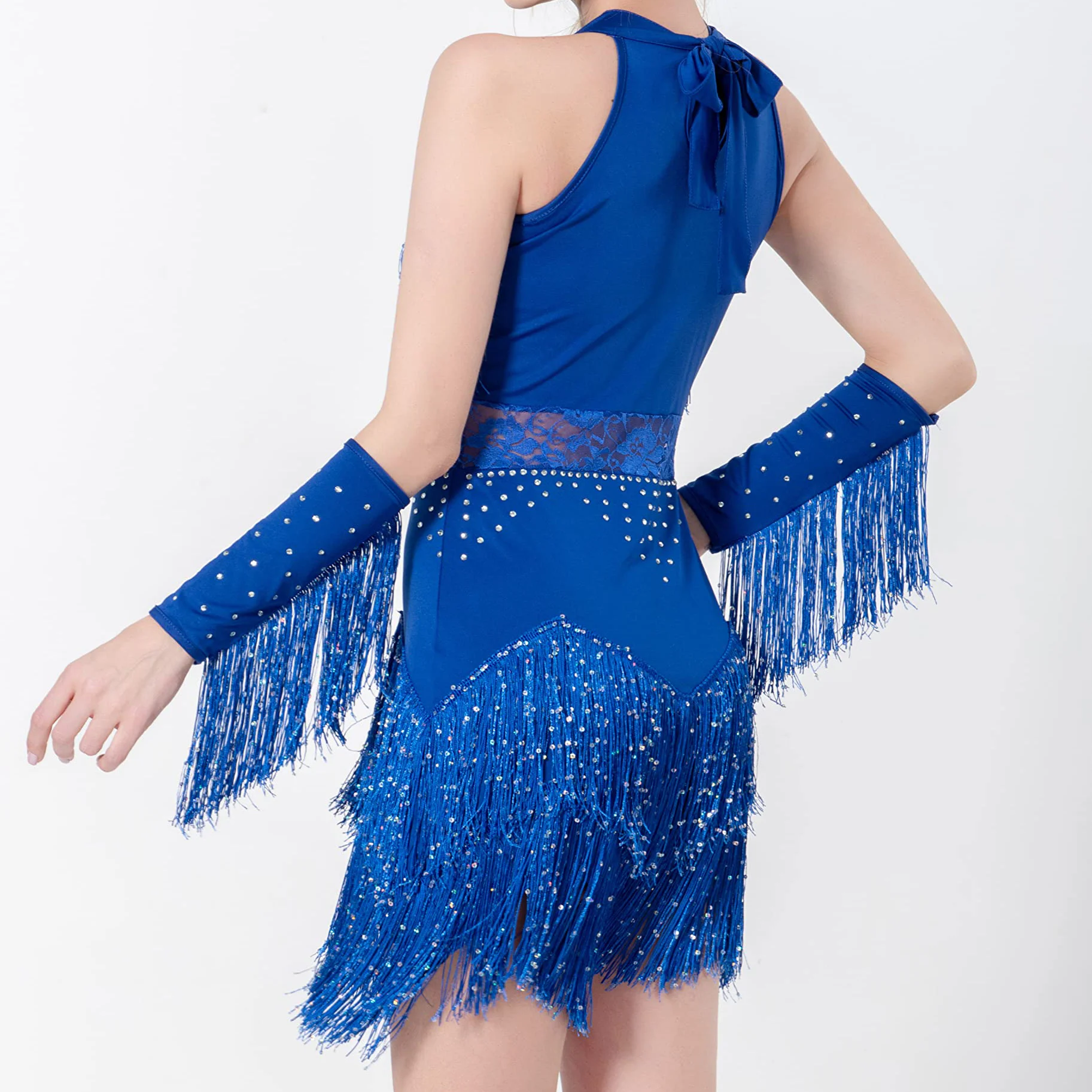 Latein-Tanzkleid mit Armband, Damen, Spitze, Strass, Fransen, Samba, Rumba, Tango, Gesellschaftstanz, Performance, Wettbewerbskostüm