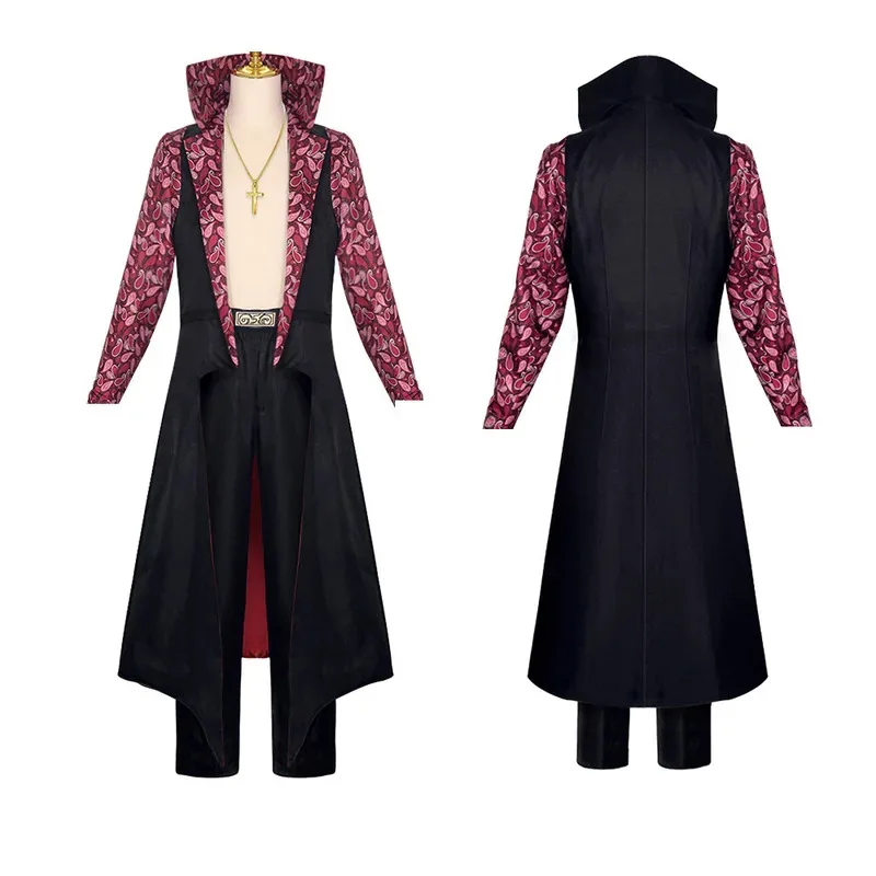 

Movies Dracule Mihawk Cosplay Costume Stand-up Collar Cloak Printing Trench Coat Adult Man Halloween Carnival Suit Necklace