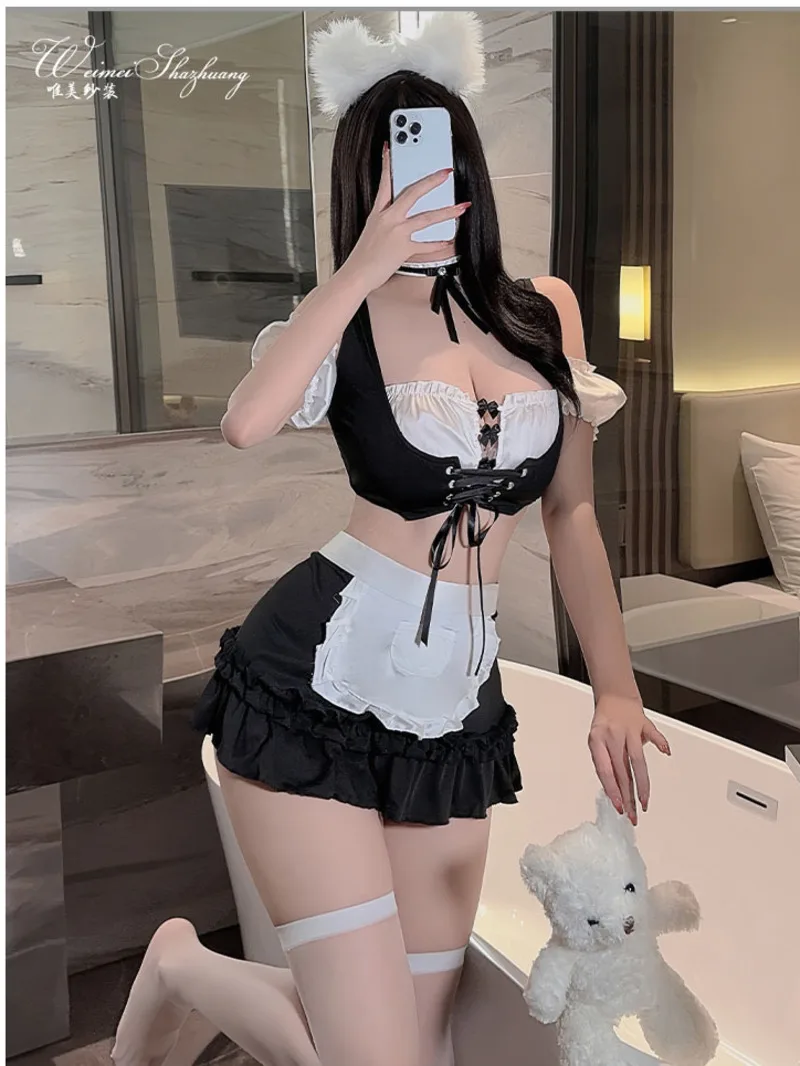 Gauze Sexy Maid Uniform Ruffled Edge Pure Desire Lingerie Uniform One Line Collar Strapless Lace Black Short Skirt 47SM