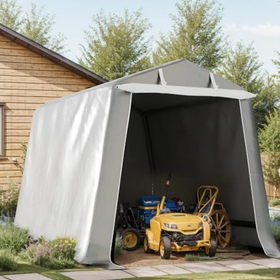 Outdoor storage shed tent for motorcycle, bike, lawn mower, tools; waterproof UV-resistant gray polyethylene canopy with roll-u