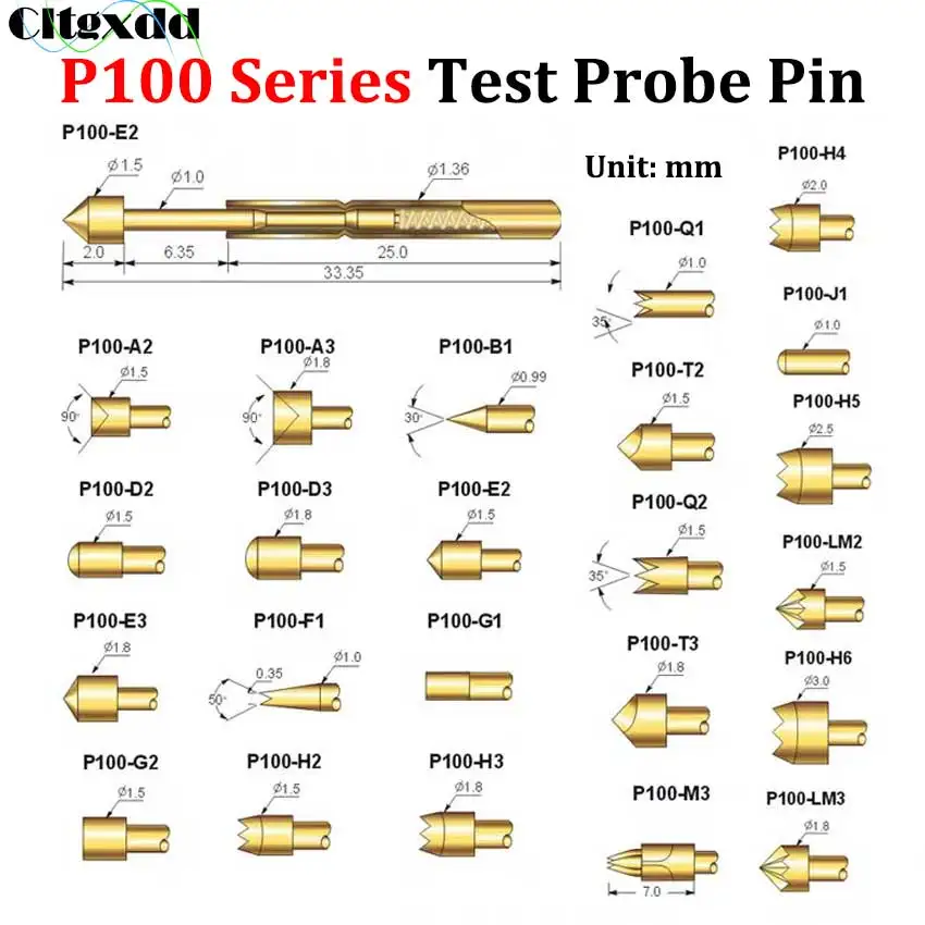 Cltgxdd 10 stks P100 Serie Lente Test Pin A2 A3 B1 D2 D3 E2 E3 F1 G1 G2 H2 H3 H4 H5 J1 Q1 Q2 T2 LM2 PCB Sonde Pogo Pin Connector