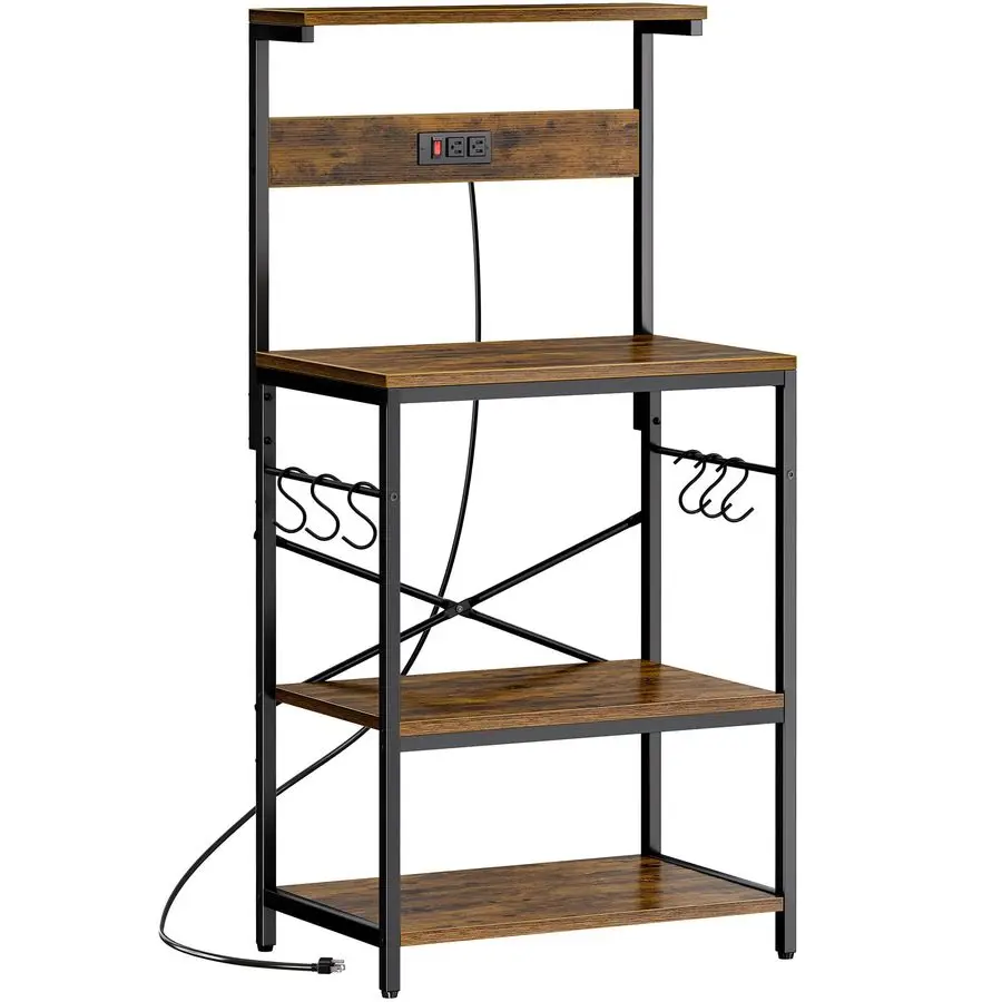 

Kitchen Bakers Rack with Power Outlet, Coffee Bar Table 4 Tiers, Kitchen Microwave Stand with 6 Sshaped Hooks, Storage Shelf Rac