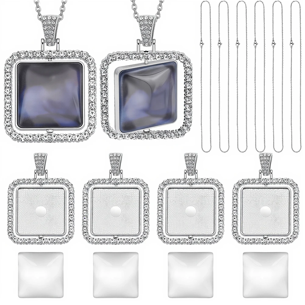 24Pcs 6 Sets Cabochon Necklace Kit Square Bezel Pendant Trays with Glass Cabochons and Chain Rhinestone Rotatable Double Sided