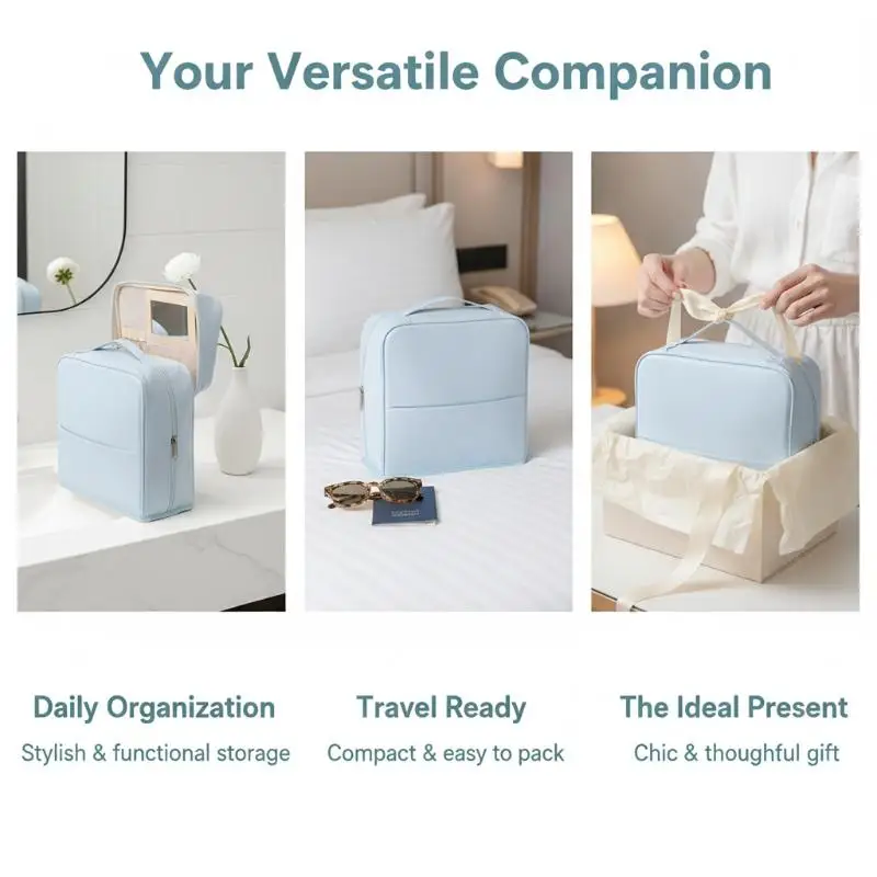 Large Capacity Waterproof Standing Cosmetic Bag with Mirror, Women's Travel Makeup Storage Organizer