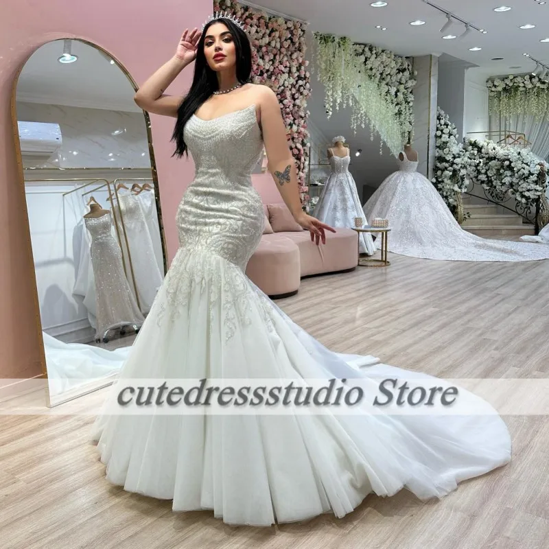 Luxury Dubai Mermaid Wedding Dresses Strapless Beading Civil Bridal Gowns Plus Size African Women Vestidos De Boda 2024