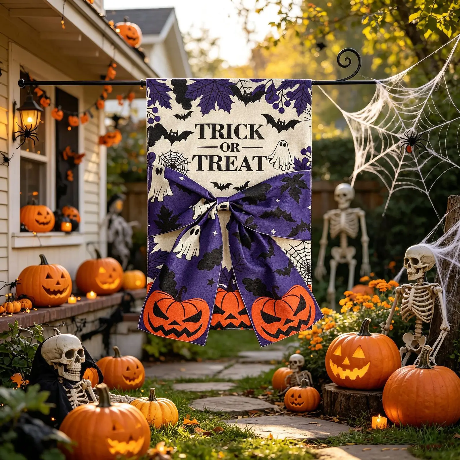 2 Stück Halloween Gartenläufer Digital Bedruckt Doppelseitiger Leinenstoff Schleifendekoration Hofläufer – Detail 8