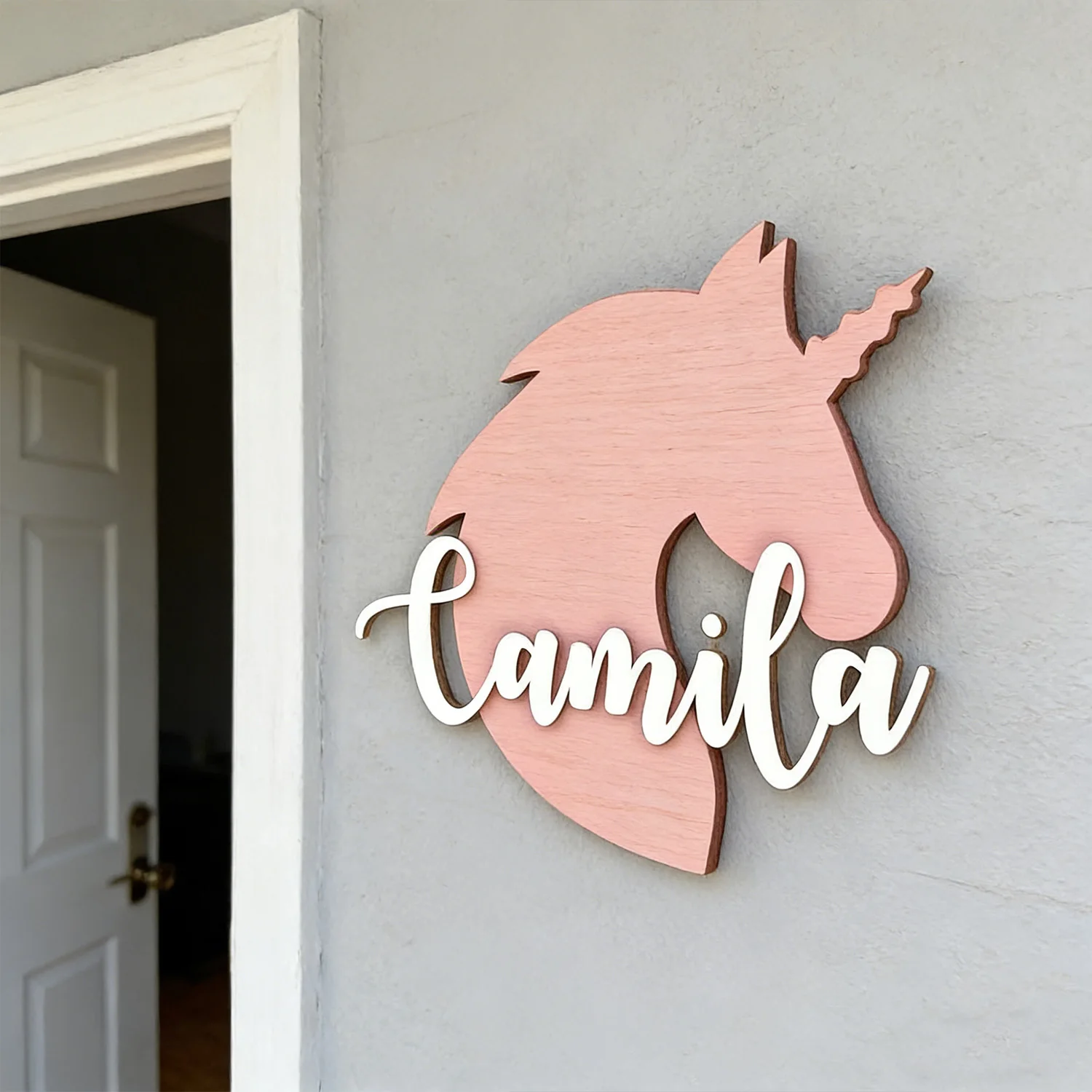 1pc Multi-layer Customized Unicorn Wooden Name Tag, Customized Name, Children's Room Decoration, Door Decoration, Holiday Gift