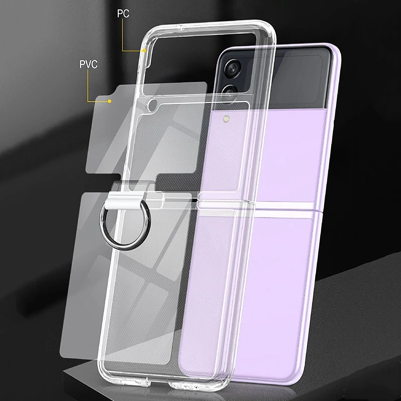 Phone Case with Ring For Samsung Galaxy Z Flip 4 Z Flip 3 Clear Hard PC Cover for Samsung ZFlip3 Z Flip4 Protective Bumper Shell