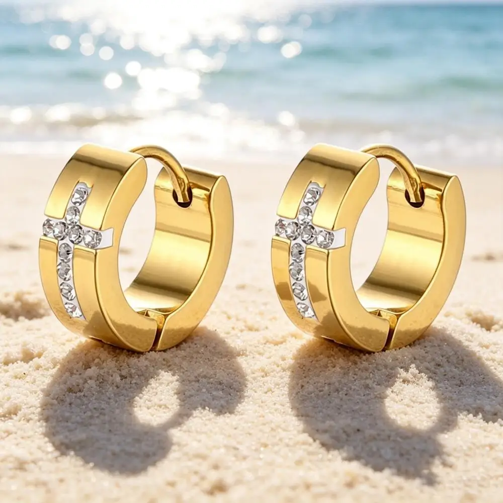 4/7MM Round Rhinestone Cross Stainless Steel Hoop Earrings For Women Men Female Male Gold Color Small Ear Buckle Party Jewelry