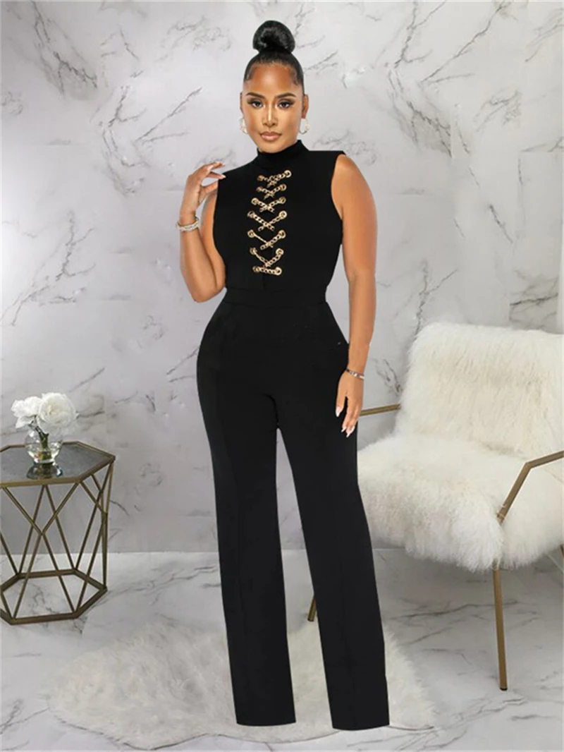 Streetwear Sleeveless Jumpsuits Summer Clothes Women 2025 Chain Decor Straight Leg Pants Long Rompers One Pieces Overalls Outfit
