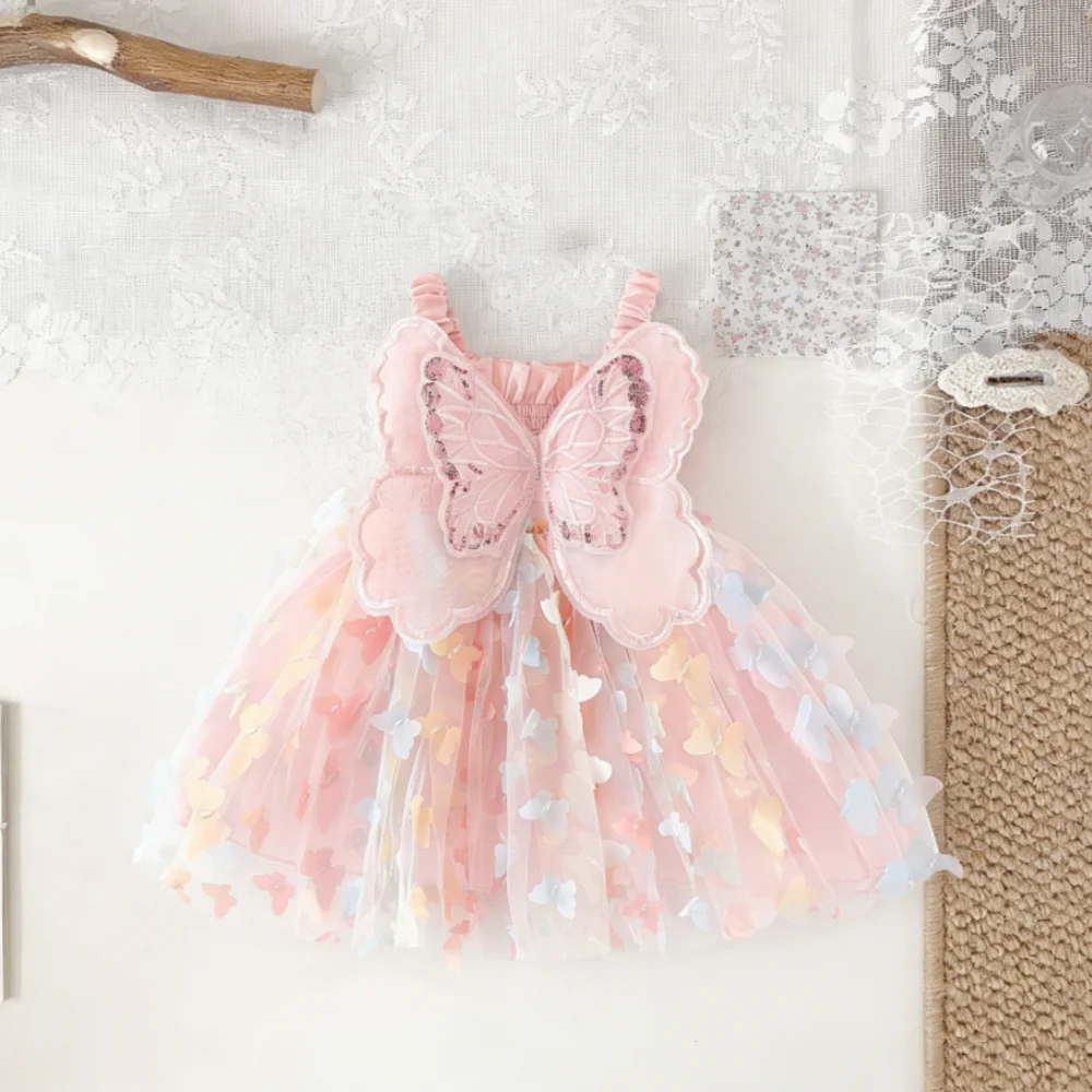 

Летнее платье для девочки с бабочками и сетчатыми вставками, на тонких бретелях, очаровательное свадебное платье для девочки-цветочницы