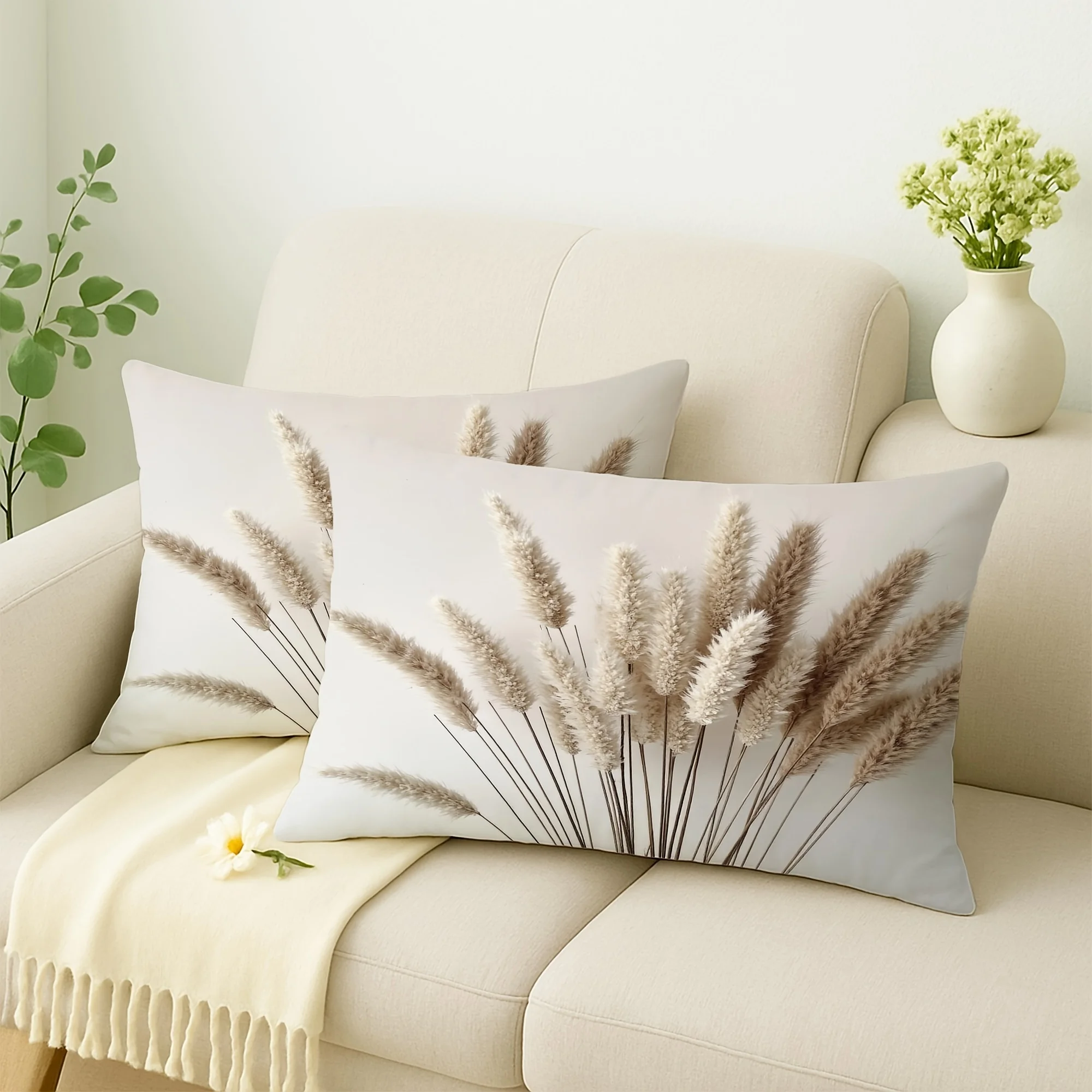 1PC Beige Pampas Grass Decor Pillow Cover, Minimalist Boho Style Cushion Case for Home Decoration