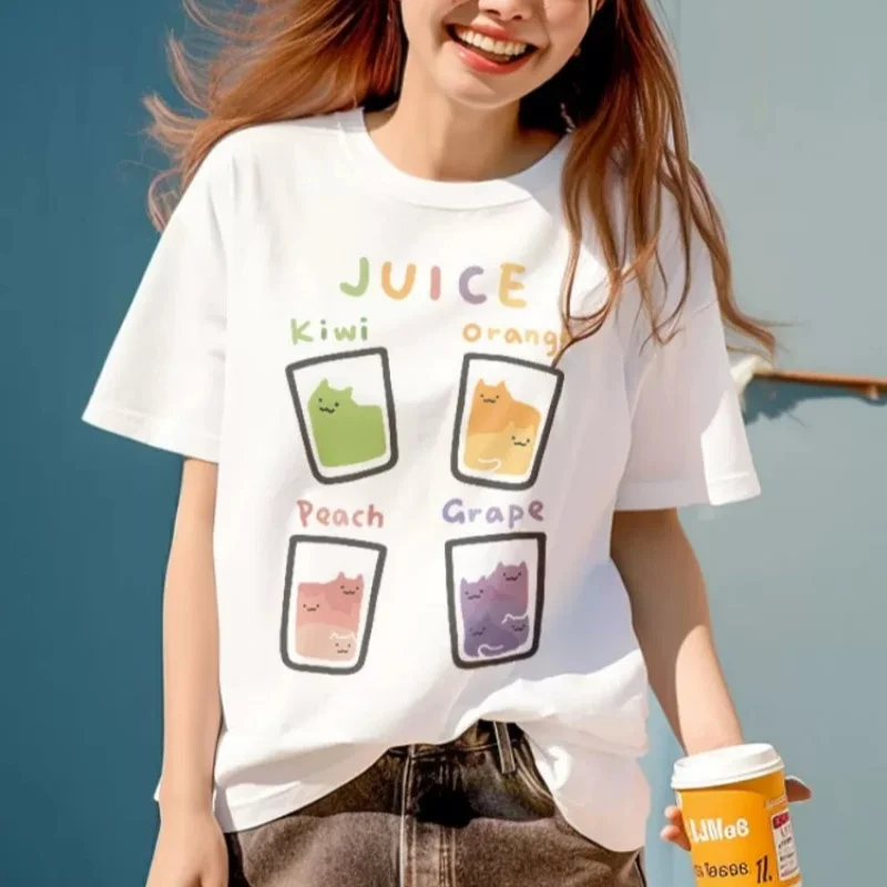 Fashion Cotton Man'S T-Shirts Cartoons Cup Cat Juice Printing Short Sleeve O-Neck Soft Loose Breathable Tees Female Clothes