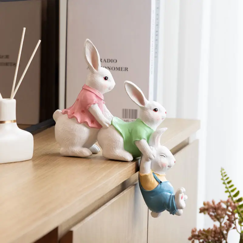 Three Lovely Rabbits Resin Statue Ornaments Household Porch Cabinet Figurines Decoration Children's Room Store Sculpture Crafts