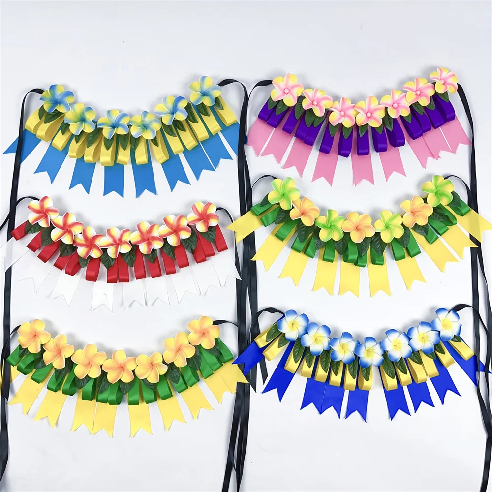 New Arrival Ribbon Short Lei With 7 Plumeria Flowers for Kids 32cm Pacific Island Festival Necklace Celebrations and Decorations