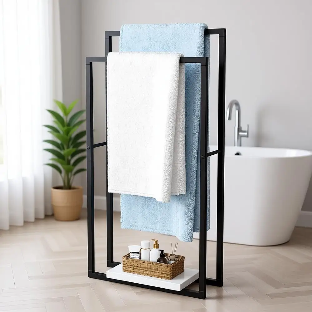 

Freestanding Towel Rack with Marble Base, 38 Height, 2-Tier Stand, Matte Black