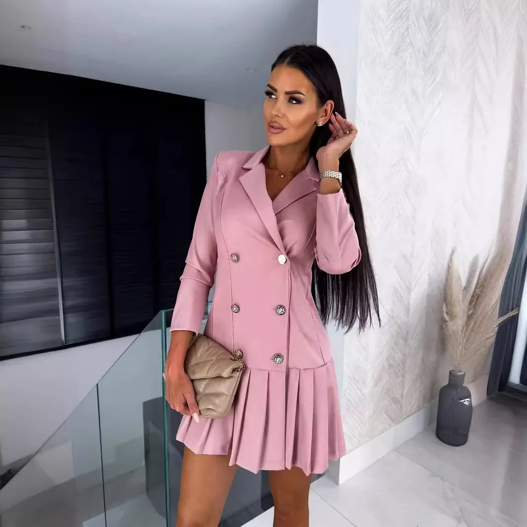 Women Fall Fashion Pleated Blazer Dress Double Breasted Long Sleeve Lapel office lady  workwear Mini Suit short Dresses vestido