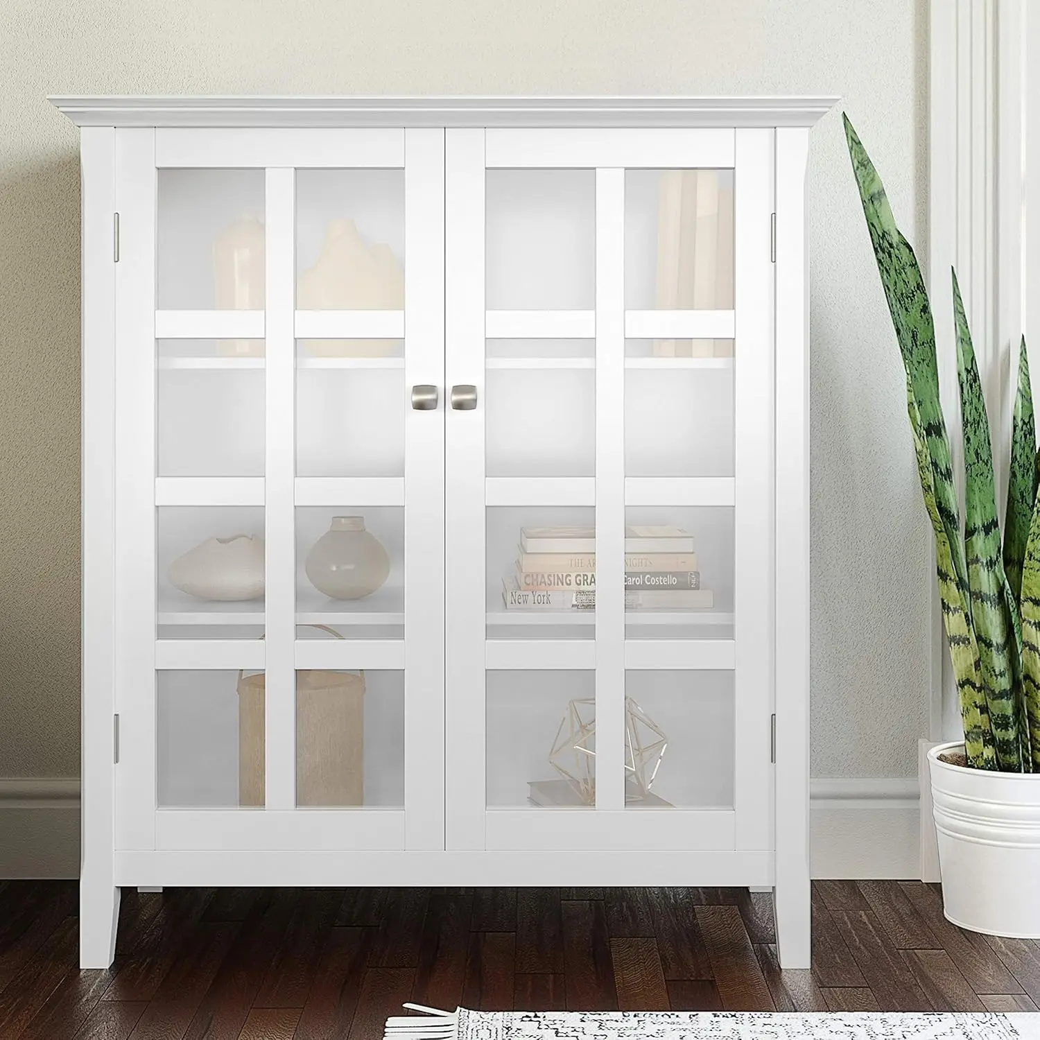 39 inch Wide Transitional Medium Storage Cabinet in White, with 2 Tempered Glass Doors, 4