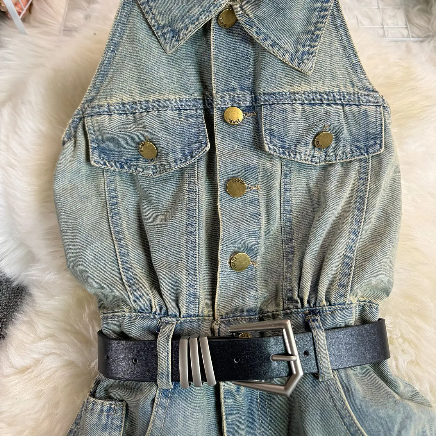 2025 ฤดูร้อนสไตล์ใหม่อารมณ์แขนกุด DENIM Romper,แฟชั่นผู้หญิง Street บุคลิกภาพสูงเอวยาวขากว้าง Jumpsuit