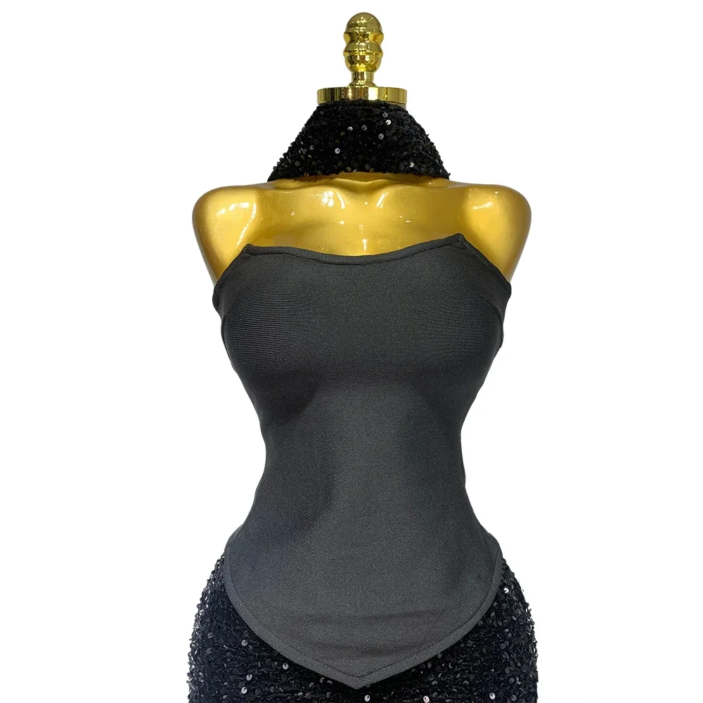 Sexy Black 3 Piece Sequin Dress Strapless Sleeveless Backless Gown with Low Slit for Date Night Graduation or Dinner Parties