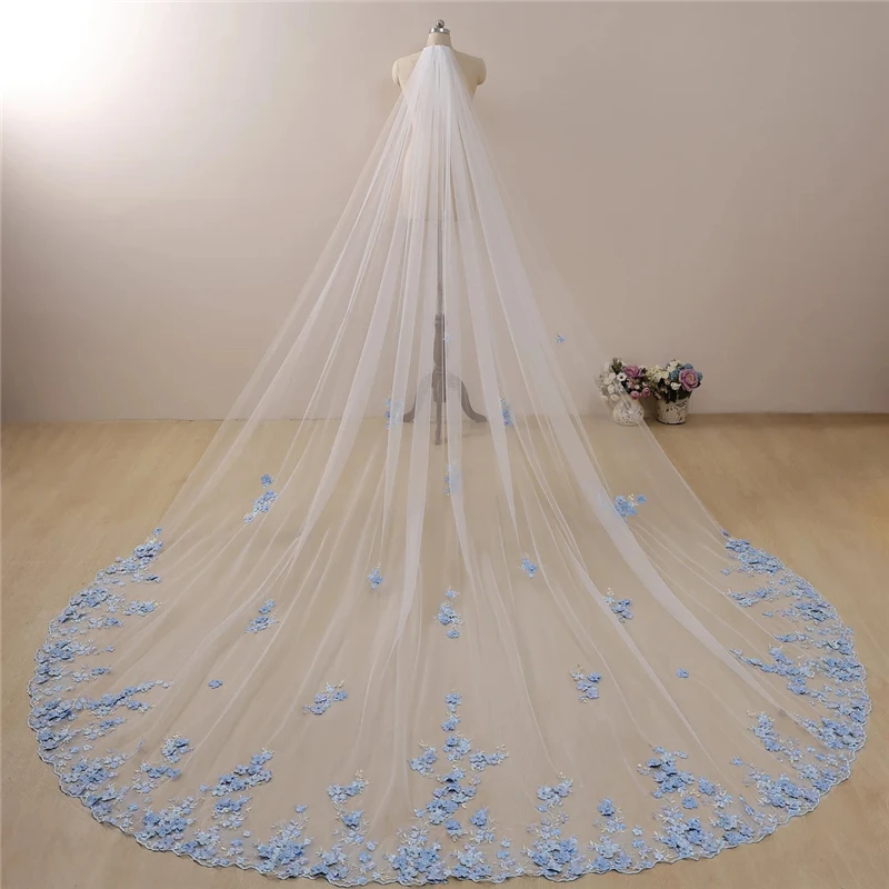 

Something Blue 3D Flowers Pearls Bridal Wedding Veils With Comb Ivory White Tulle Cathedral Long For Brides Accessories Unique