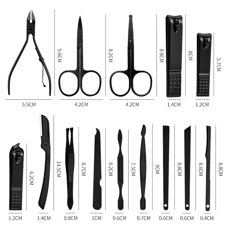 8/12/15/24 قطعة مجموعة مقص الأظافر السوداء باديكير سكين الفولاذ المقاوم للصدأ مسمار الجمال أداة العناية بالأظافر المتقلب صندوق سفر محمول