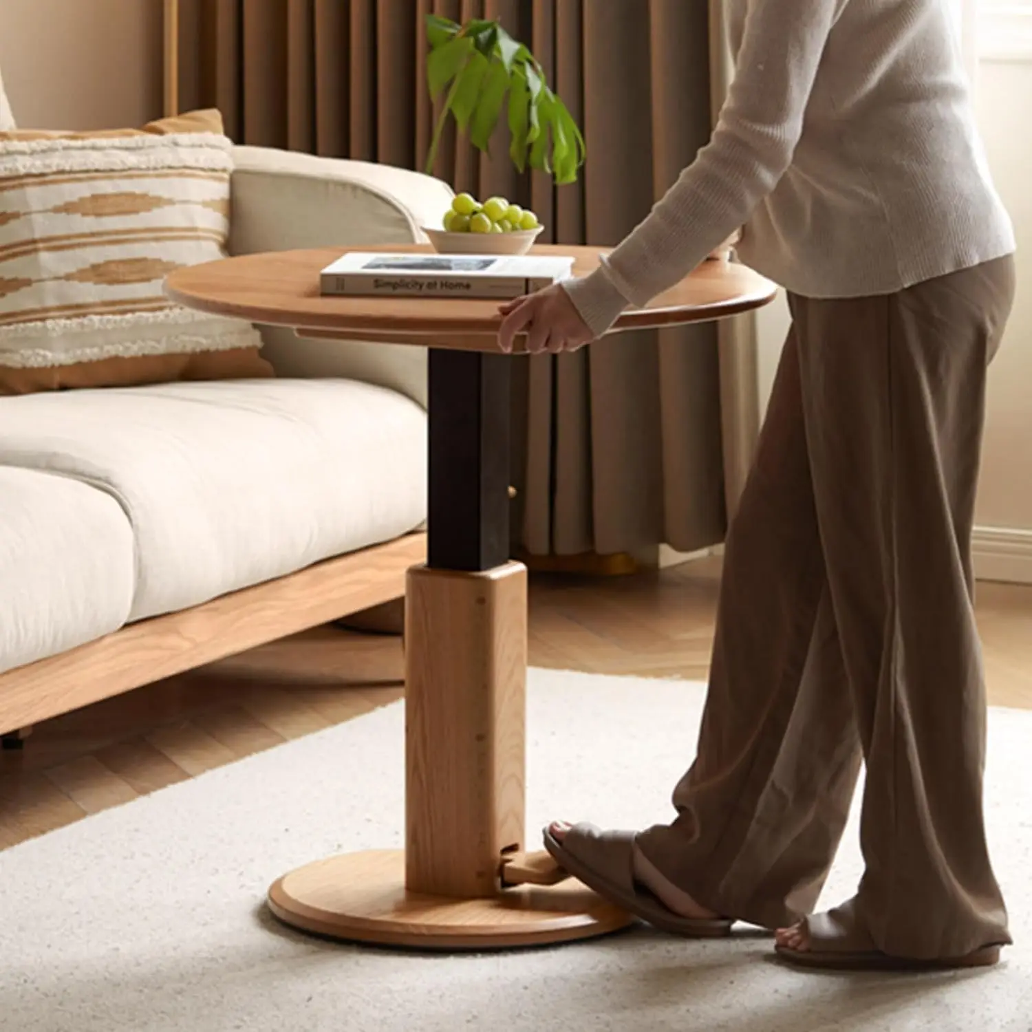 Solid Oak Lift Top Coffee Table, 27.56’’ Wood Round Small Side Table for 2, Customized