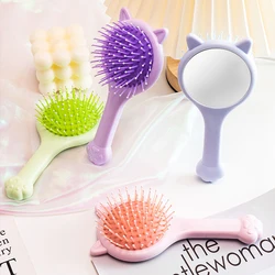 Mini Cat Ear Massage Airbag Hair Brush With Makeup Mirror Cartoon Hairdressing Comb For Girls