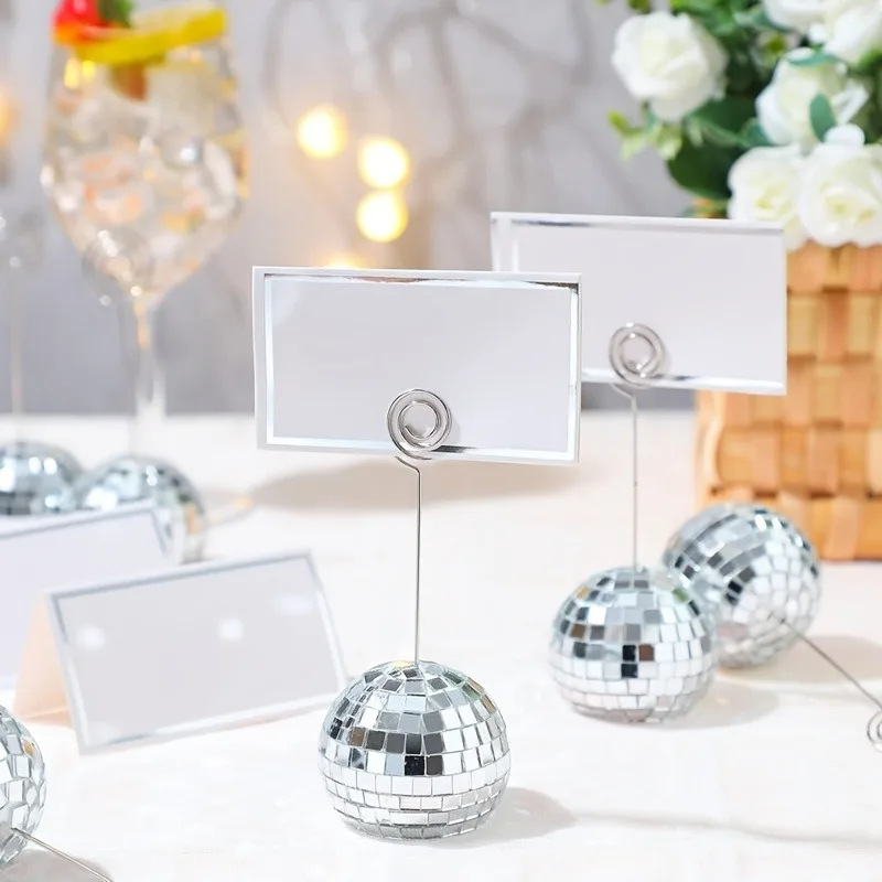 

16 Pack Round Disco Ball Tabletop Card Holders with Polished Metal Surface Wedding Valentine's Day Party Table Centerpiece Decor