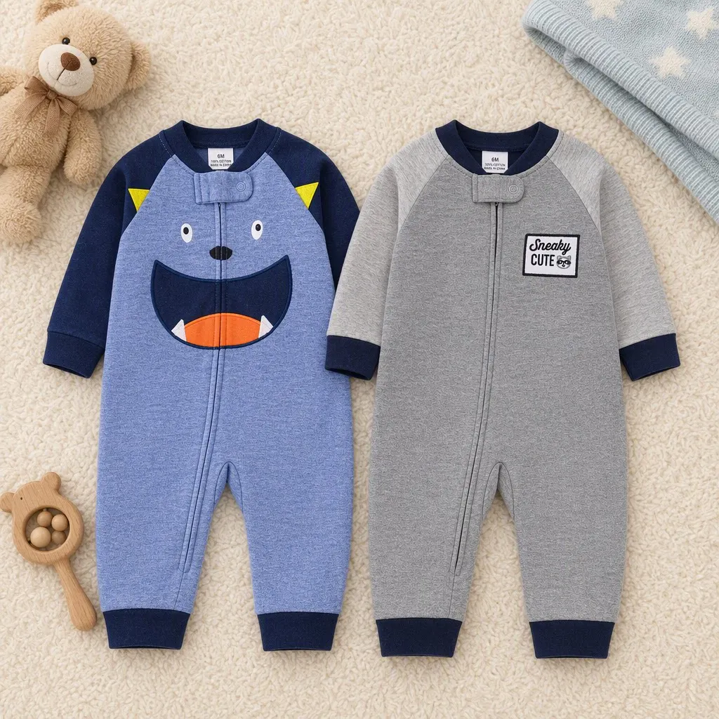 Double-sided Cotton Raglan Sleeve Baby Romper Cute Raccoon&Monster Embroidery Zip Onesie Loungewear for 6-24M Boys All Seasons