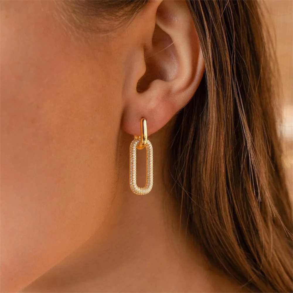 

14K Gold Plated Paperclip Chain Link Dangle Hoops Huggie Stud Earrings for Women Hypoallergenic Lightweight Jewelry