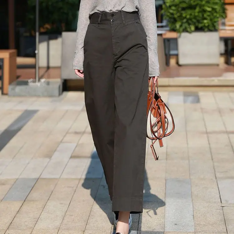 Cotton Nine Point Wide Leg Pants For Women's 2023 Summer New Korean High Waisted Loose Fitting Straight Tube Harun Casual Pants