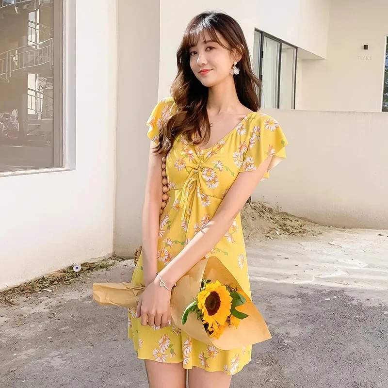 Floral Cover-ups Women Summer Shirring Design Sweet Holiday Seaside Swimwear Ulzzang Beach Fashion Aesthetic Girls Bathing Suit