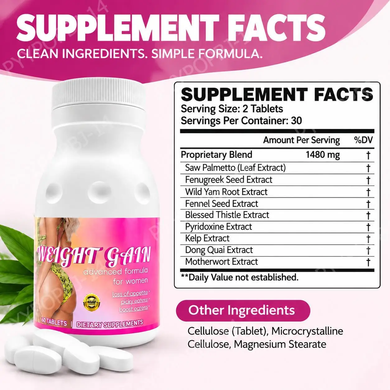 Women Weight Gain Tablets,Boost Appetite,Build Body Curves,Shape Feminine Figure,Support Healthy Weight Gain,Saw Palmetto, 60Ct
