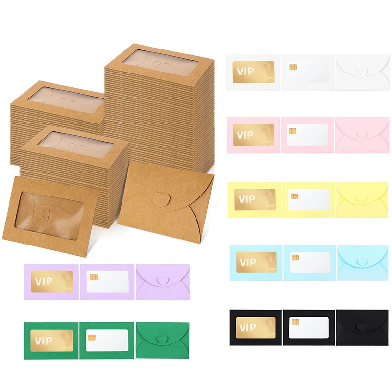 

10x7cm Colored Paper Envelopes Vintage Mini Kraft Envelope with Transpaprent Window Creative Envelope for Membership Card 100Pcs