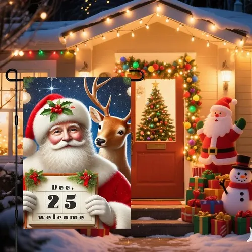 Christmas Santa Garden Flag Welcome Reindeer and Dec 25 Outdoor, 12x18 Inch XXQ